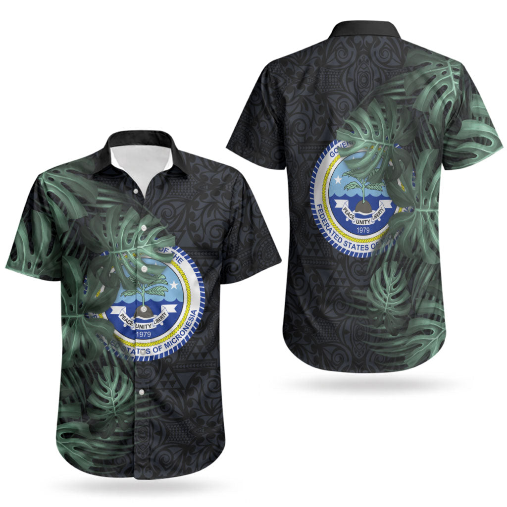 Federated States Of Micronesia Couples Matching Short Sleeve Bodycon Dress and Hawaiian Shirt FSM Tropical Monstera Leaf Dark Tribal Pattern