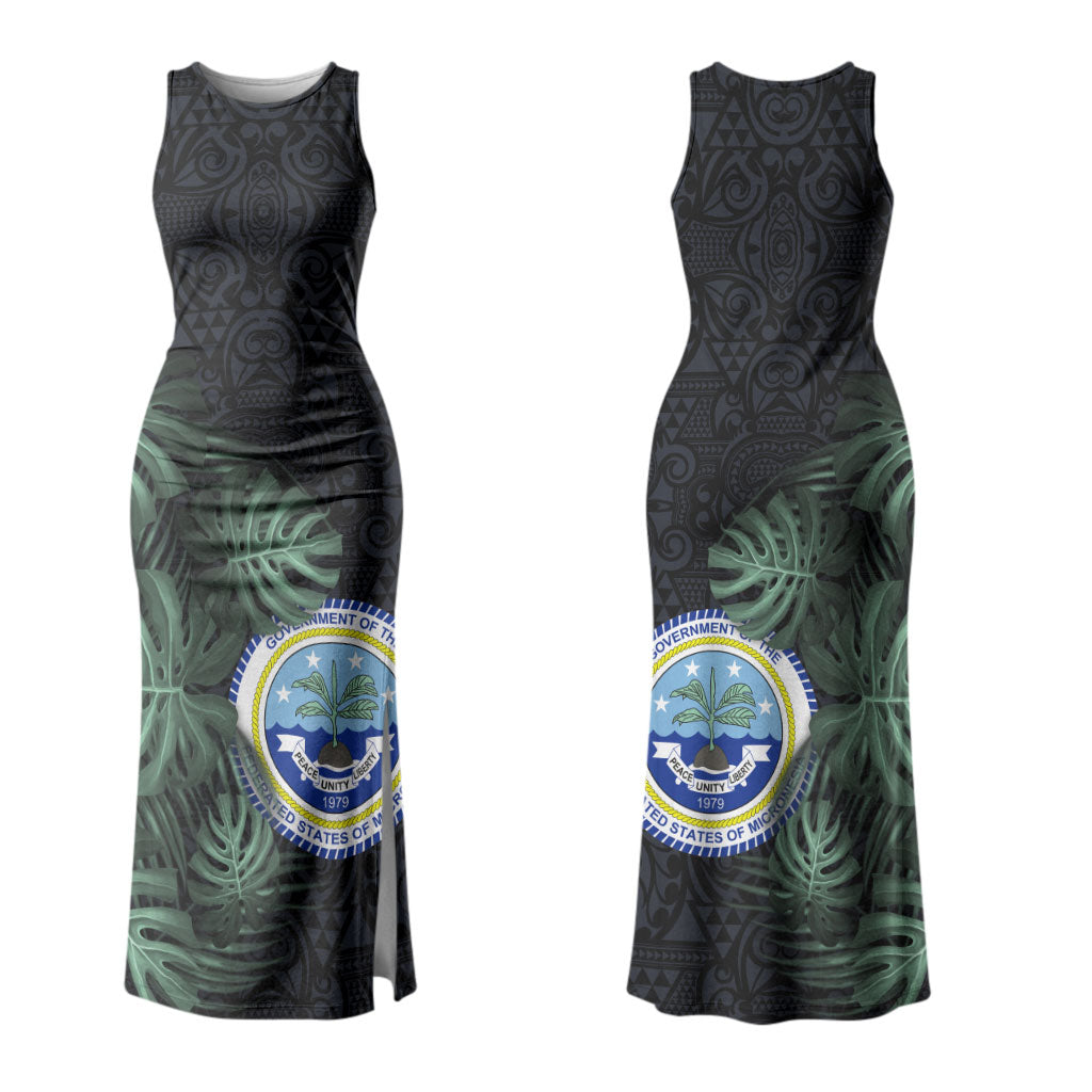 Federated States Of Micronesia Couples Matching Tank Maxi Dress and Hawaiian Shirt FSM Tropical Monstera Leaf Dark Tribal Pattern