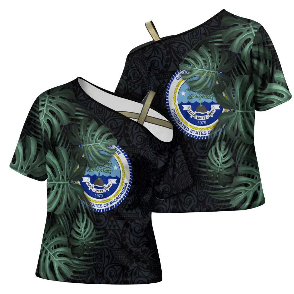 Federated States Of Micronesia Cross Shoulder Shirt FSM Tropical Monstera Leaf Dark Tribal Pattern