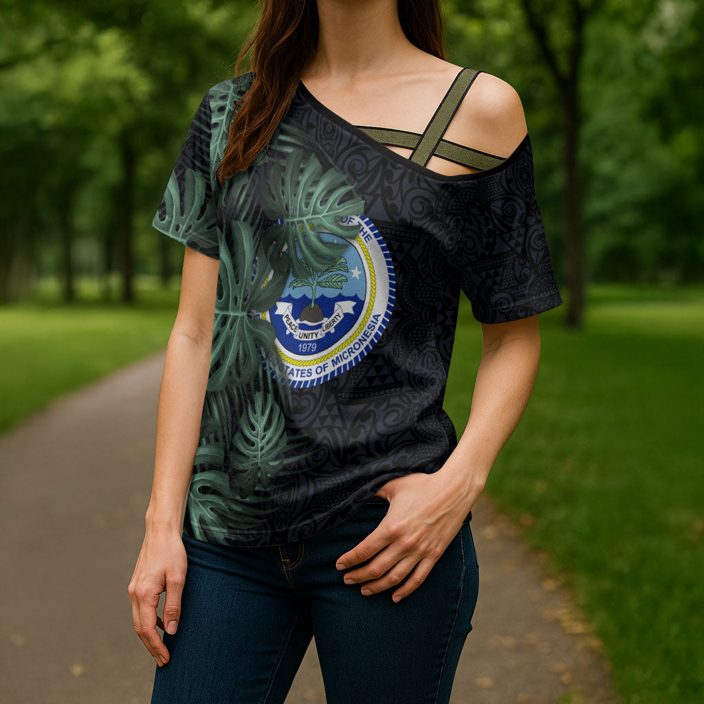 Federated States Of Micronesia Cross Shoulder Shirt FSM Tropical Monstera Leaf Dark Tribal Pattern