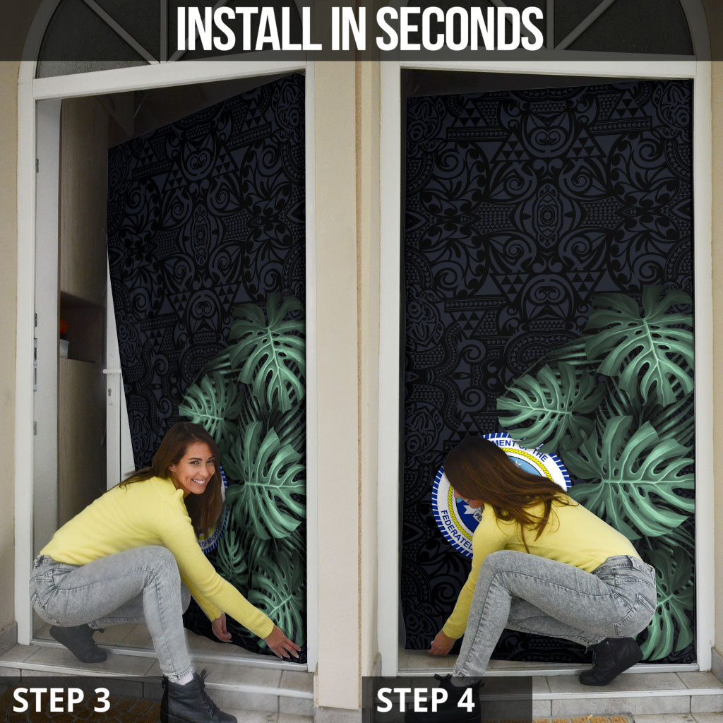 Federated States Of Micronesia Door Cover FSM Tropical Monstera Leaf Dark Tribal Pattern