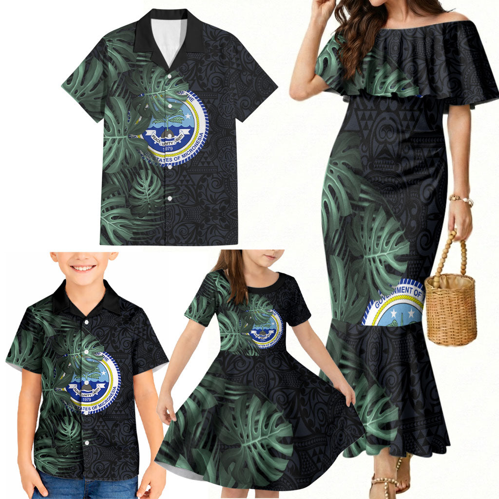 Federated States Of Micronesia Family Matching Mermaid Dress and Hawaiian Shirt FSM Tropical Monstera Leaf Dark Tribal Pattern