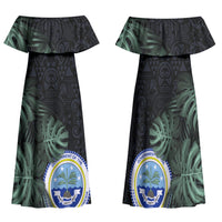 Federated States Of Micronesia Family Matching Off Shoulder Maxi Dress and Hawaiian Shirt FSM Tropical Monstera Leaf Dark Tribal Pattern