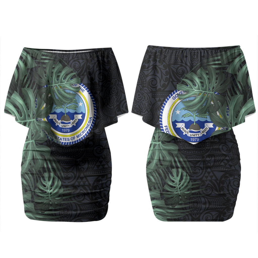 Federated States Of Micronesia Family Matching Off Shoulder Short Dress and Hawaiian Shirt FSM Tropical Monstera Leaf Dark Tribal Pattern