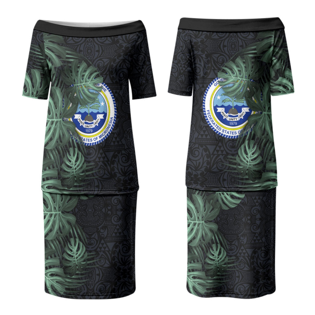 Federated States Of Micronesia Family Matching Puletasi and Hawaiian Shirt FSM Tropical Monstera Leaf Dark Tribal Pattern