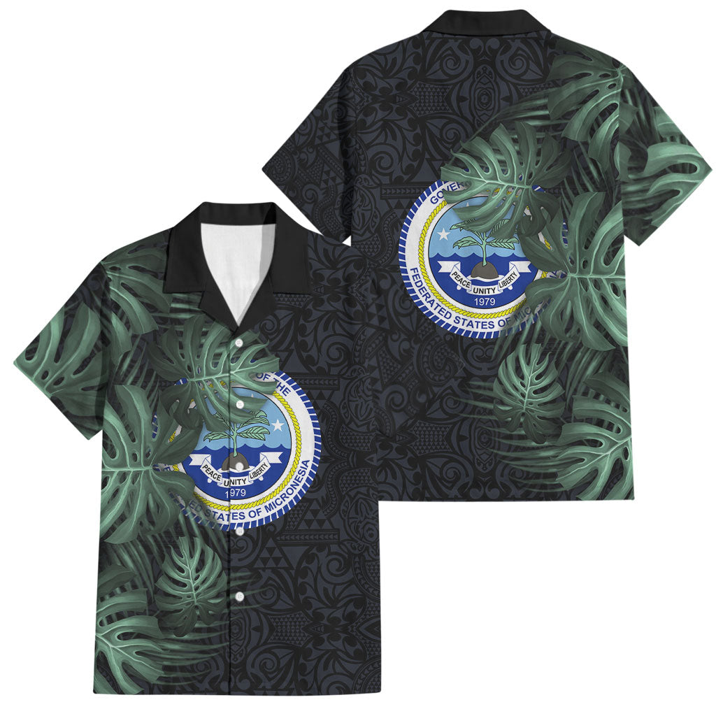 Federated States Of Micronesia Family Matching Puletasi and Hawaiian Shirt FSM Tropical Monstera Leaf Dark Tribal Pattern