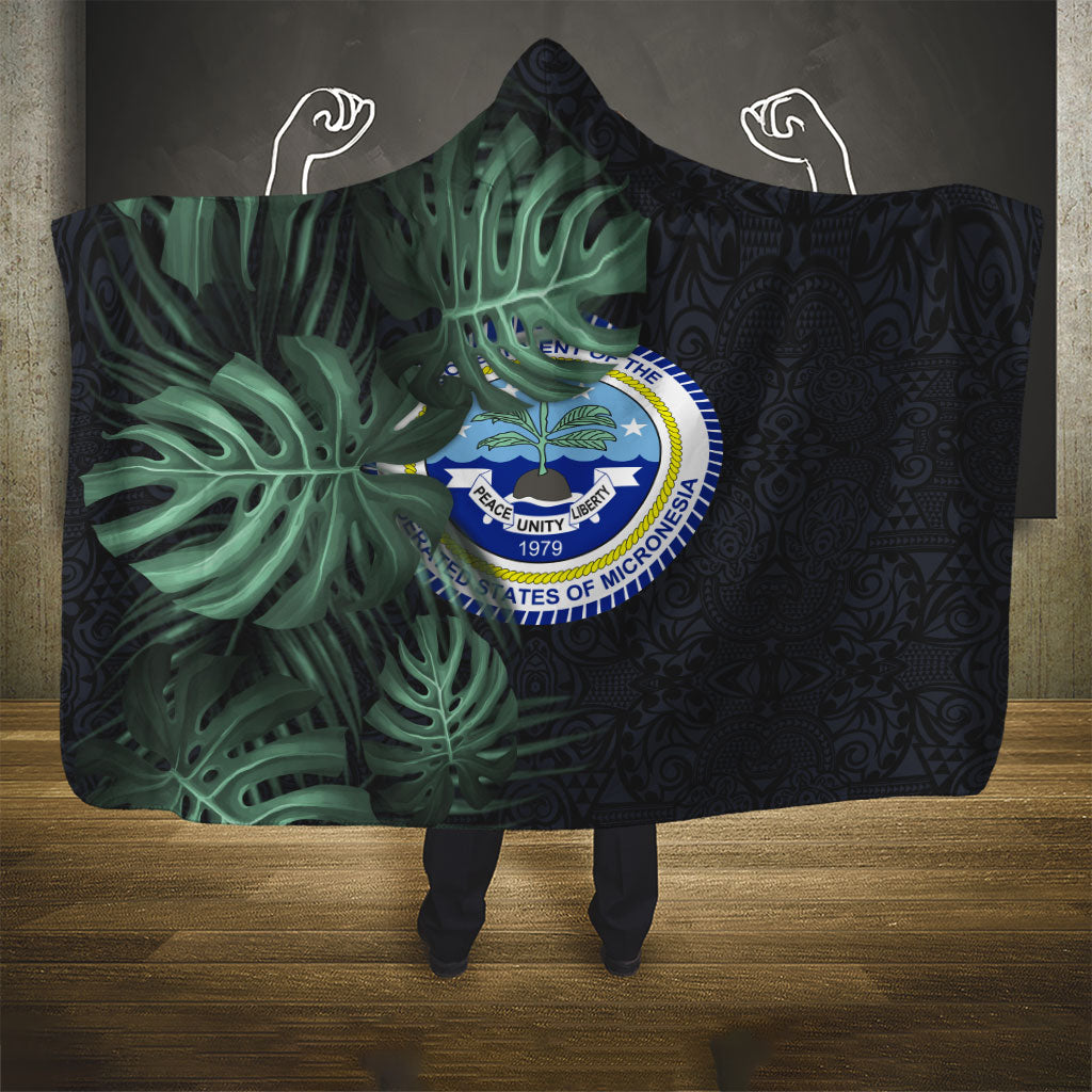 Federated States Of Micronesia Hooded Blanket FSM Tropical Monstera Leaf Dark Tribal Pattern