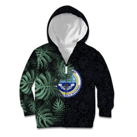 Federated States Of Micronesia Kid Hoodie FSM Tropical Monstera Leaf Dark Tribal Pattern