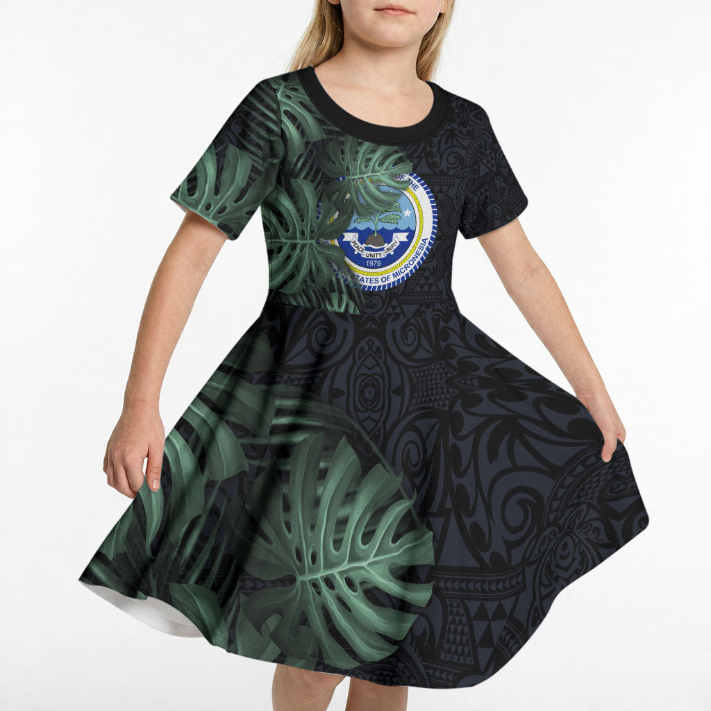 Federated States Of Micronesia Kid Short Sleeve Dress FSM Tropical Monstera Leaf Dark Tribal Pattern