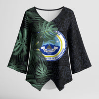 Federated States Of Micronesia Kimono Sleeve Blouse FSM Tropical Monstera Leaf Dark Tribal Pattern