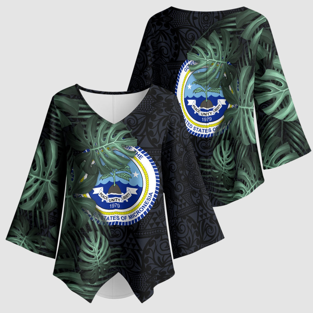 Federated States Of Micronesia Kimono Sleeve Blouse FSM Tropical Monstera Leaf Dark Tribal Pattern
