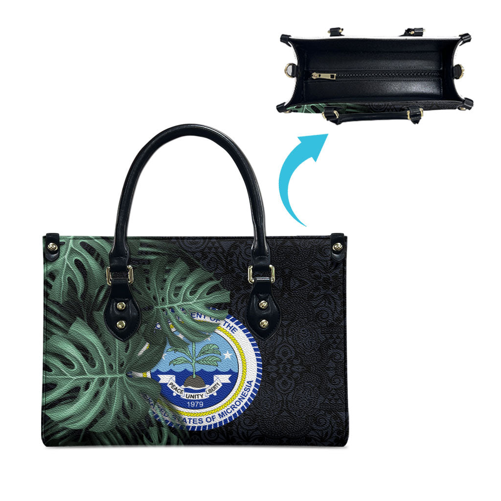 Federated States Of Micronesia Leather Bag FSM Tropical Monstera Leaf Dark Tribal Pattern