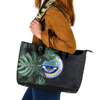 Federated States Of Micronesia Leather Tote Bag FSM Tropical Monstera Leaf Dark Tribal Pattern