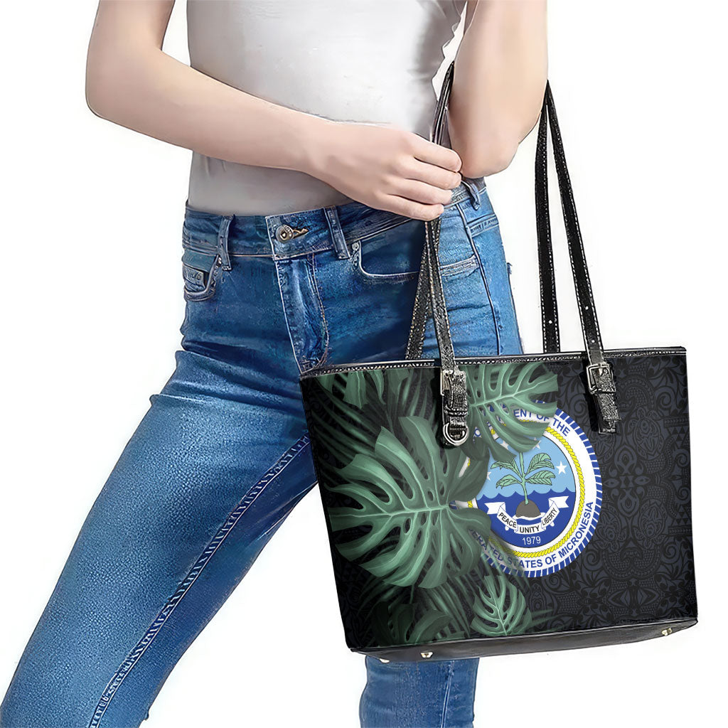 Federated States Of Micronesia Leather Tote Bag FSM Tropical Monstera Leaf Dark Tribal Pattern