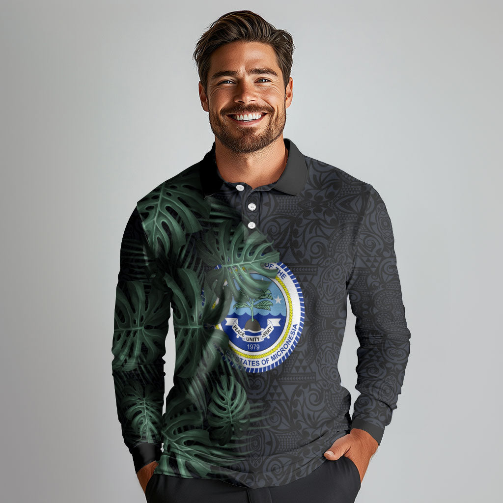 Federated States Of Micronesia Long Sleeve Polo Shirt FSM Tropical Monstera Leaf Dark Tribal Pattern