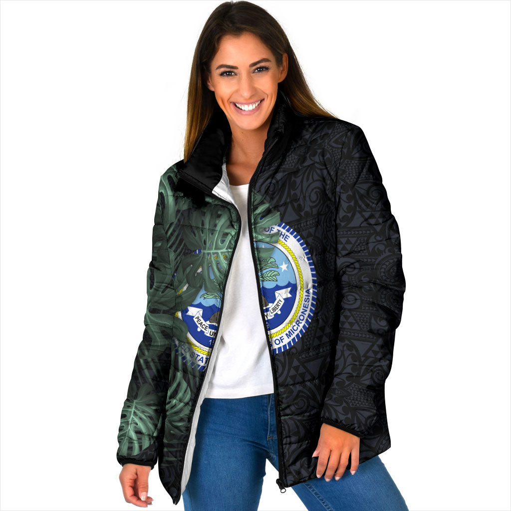 Federated States Of Micronesia Padded Jacket FSM Tropical Monstera Leaf Dark Tribal Pattern