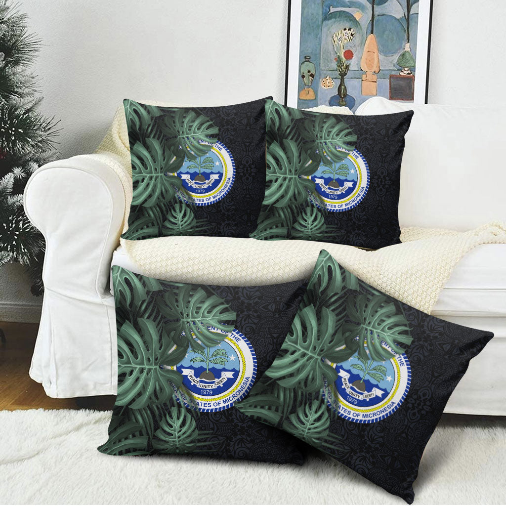 Federated States Of Micronesia Pillow Cover FSM Tropical Monstera Leaf Dark Tribal Pattern