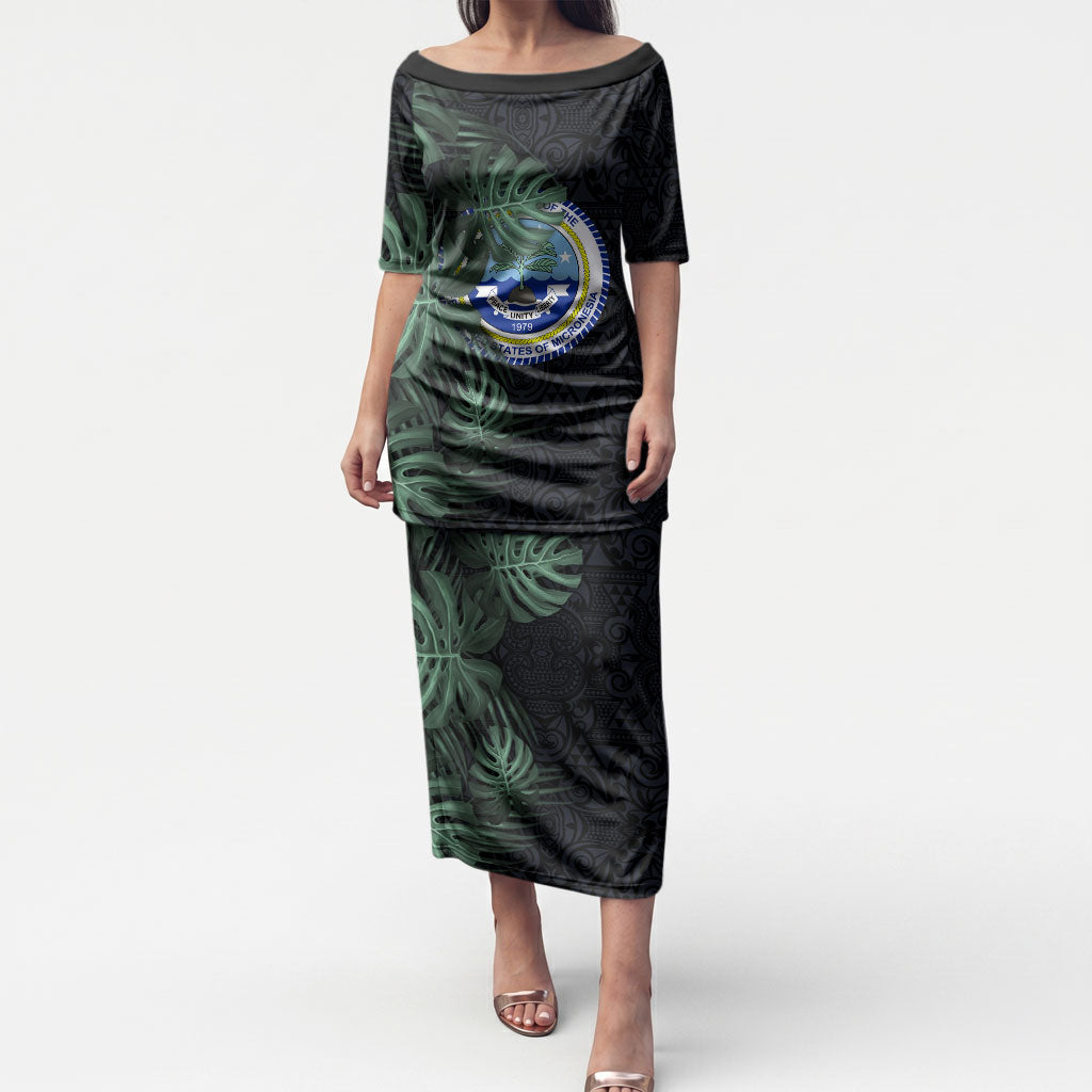 Federated States Of Micronesia Puletasi FSM Tropical Monstera Leaf Dark Tribal Pattern