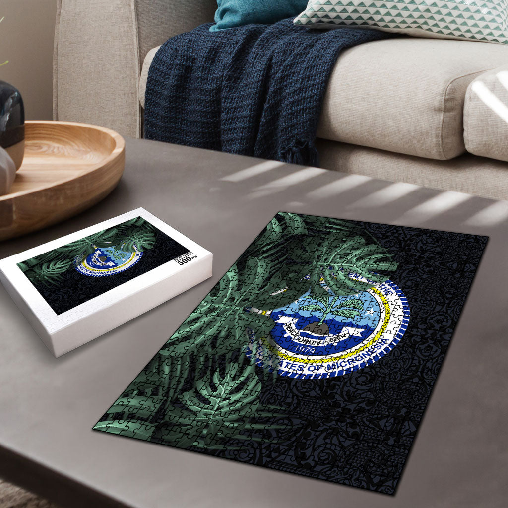 Federated States Of Micronesia Puzzle FSM Tropical Monstera Leaf Dark Tribal Pattern
