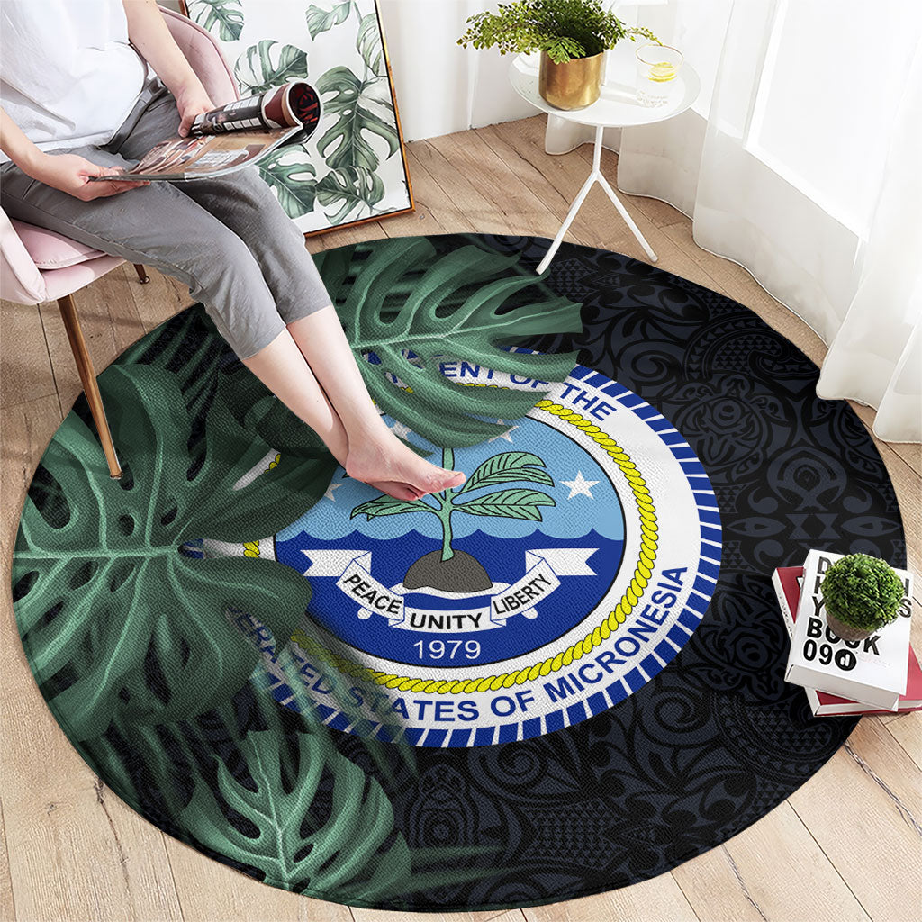 Federated States Of Micronesia Round Carpet FSM Tropical Monstera Leaf Dark Tribal Pattern