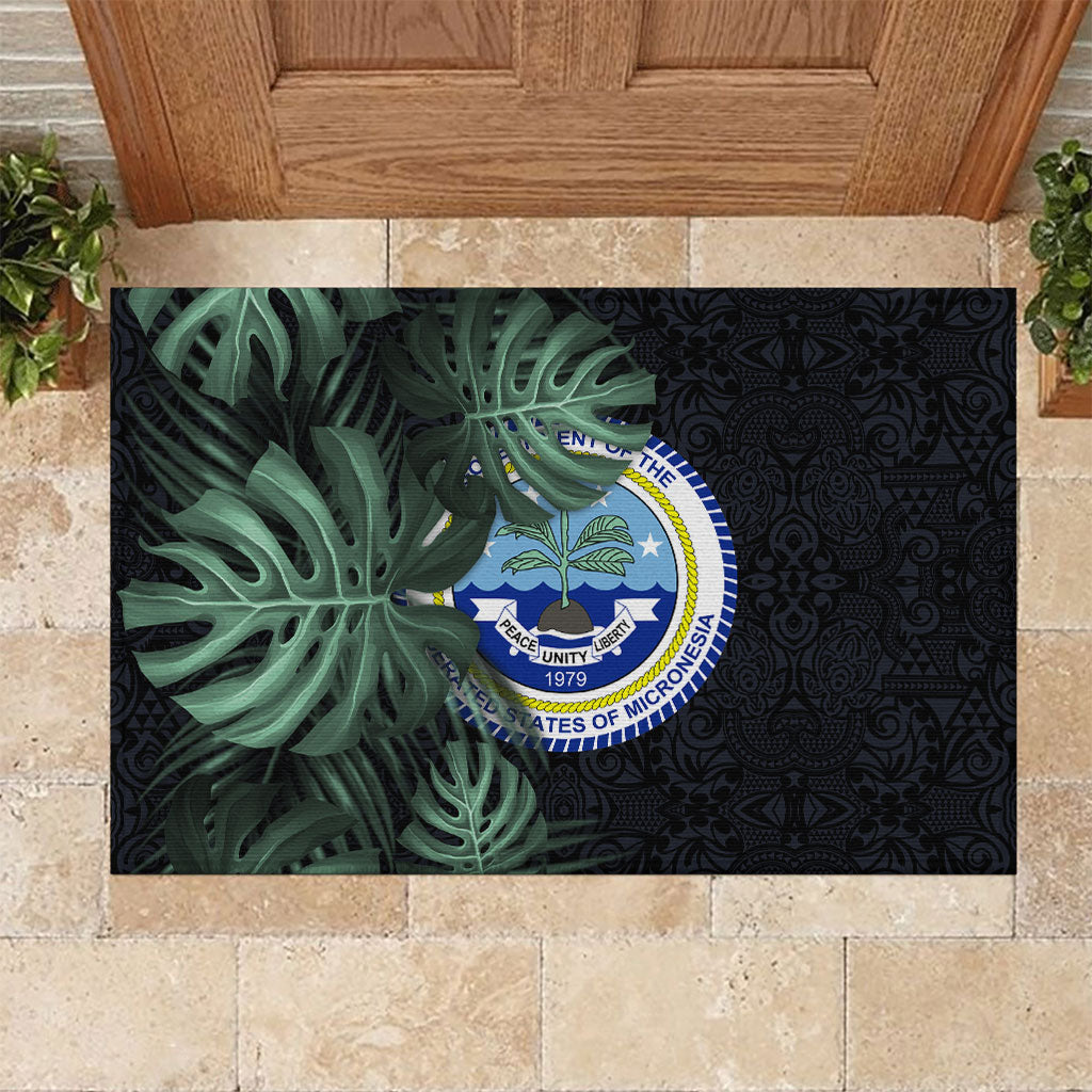 Federated States Of Micronesia Rubber Doormat FSM Tropical Monstera Leaf Dark Tribal Pattern