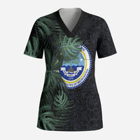 Federated States Of Micronesia Scrub Top FSM Tropical Monstera Leaf Dark Tribal Pattern