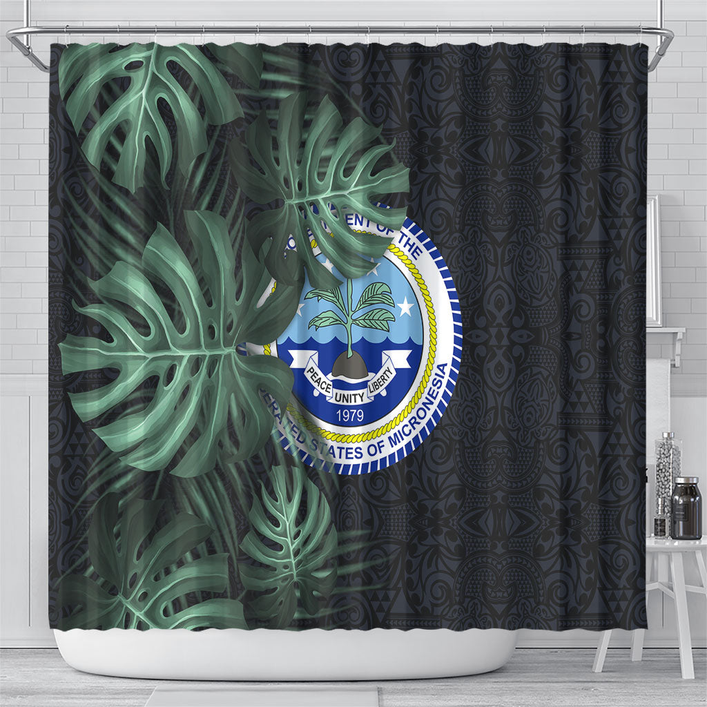 Federated States Of Micronesia Shower Curtain FSM Tropical Monstera Leaf Dark Tribal Pattern