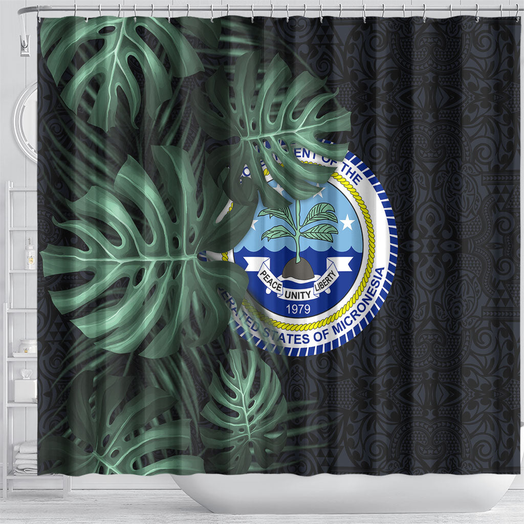 Federated States Of Micronesia Shower Curtain FSM Tropical Monstera Leaf Dark Tribal Pattern