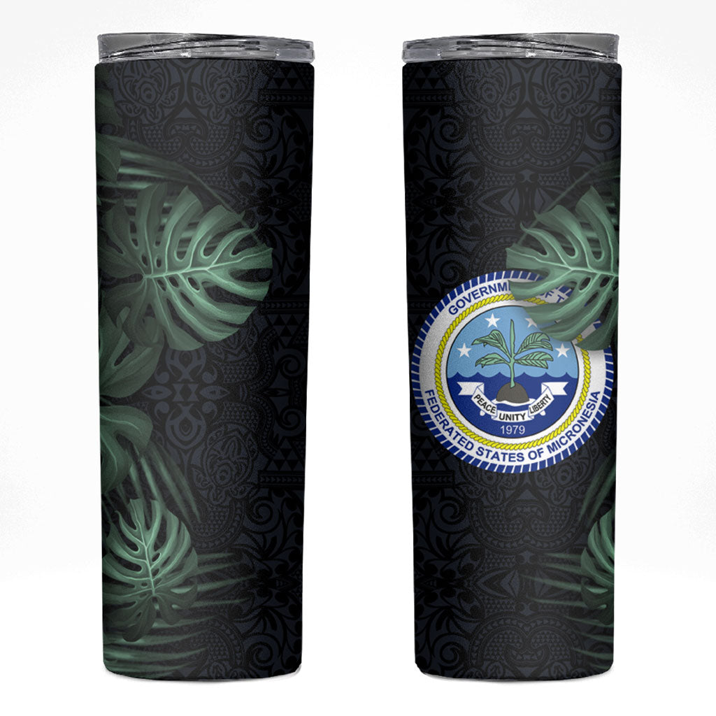 Federated States Of Micronesia Skinny Tumbler FSM Tropical Monstera Leaf Dark Tribal Pattern