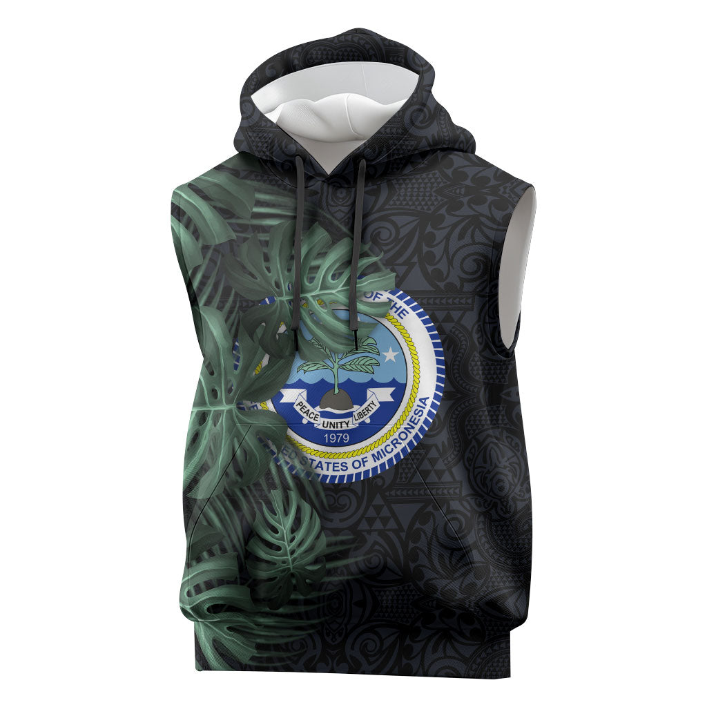 Federated States Of Micronesia Sleeveless Hoodie FSM Tropical Monstera Leaf Dark Tribal Pattern