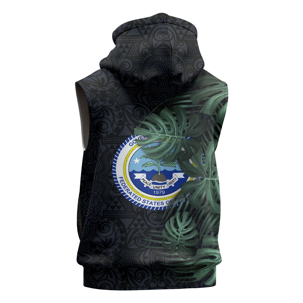 Federated States Of Micronesia Sleeveless Hoodie FSM Tropical Monstera Leaf Dark Tribal Pattern