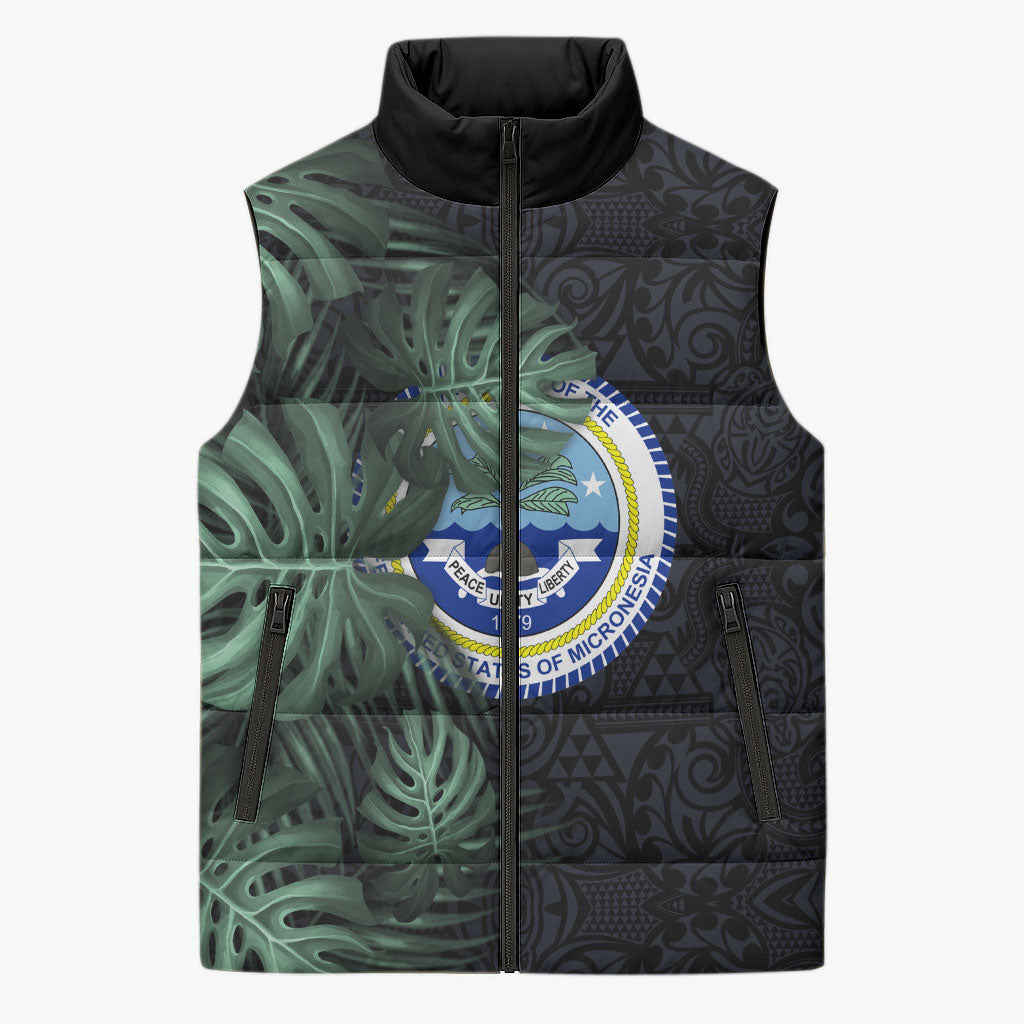 Federated States Of Micronesia Sleeveless Puffer Jacket FSM Tropical Monstera Leaf Dark Tribal Pattern