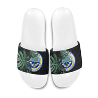 Federated States Of Micronesia Slide Sandals FSM Tropical Monstera Leaf Dark Tribal Pattern