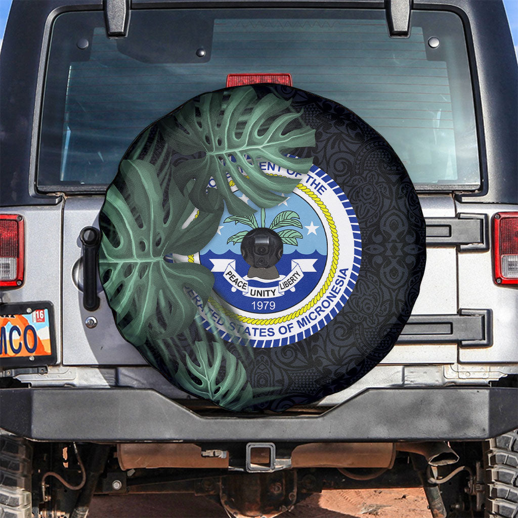Federated States Of Micronesia Spare Tire Cover FSM Tropical Monstera Leaf Dark Tribal Pattern