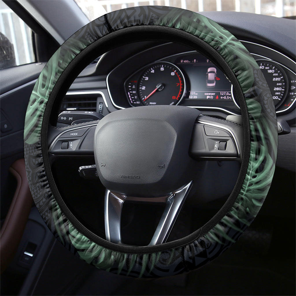 Federated States Of Micronesia Steering Wheel Cover FSM Tropical Monstera Leaf Dark Tribal Pattern