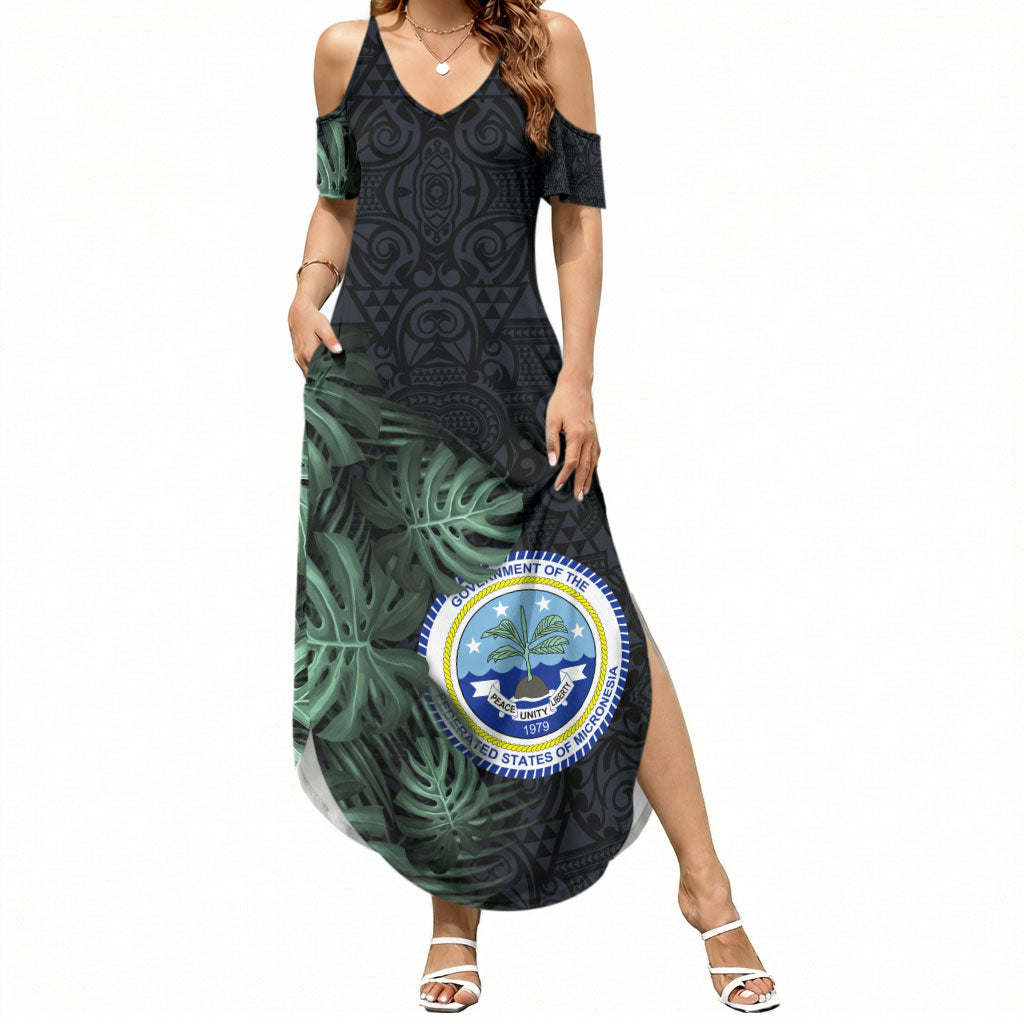 Federated States Of Micronesia Summer Maxi Dress FSM Tropical Monstera Leaf Dark Tribal Pattern