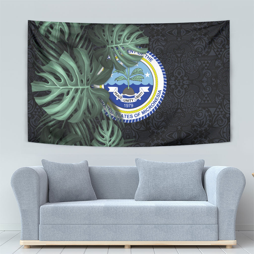 Federated States Of Micronesia Tapestry FSM Tropical Monstera Leaf Dark Tribal Pattern