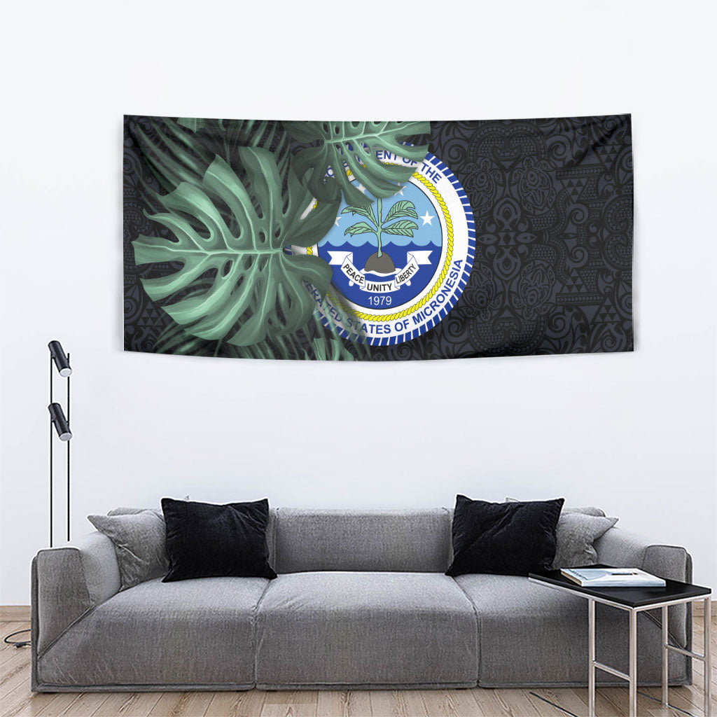 Federated States Of Micronesia Tapestry FSM Tropical Monstera Leaf Dark Tribal Pattern