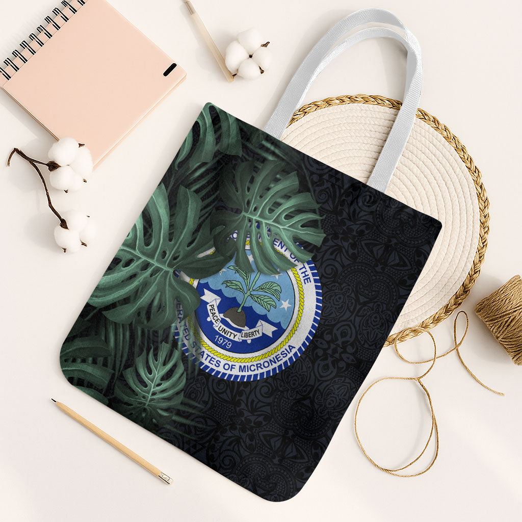 Federated States Of Micronesia Tote Bag FSM Tropical Monstera Leaf Dark Tribal Pattern