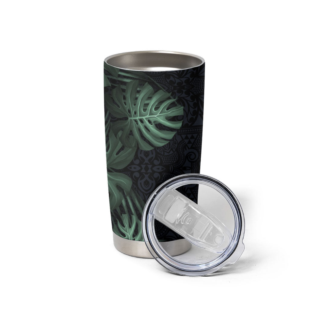 Federated States Of Micronesia Tumbler Cup FSM Tropical Monstera Leaf Dark Tribal Pattern