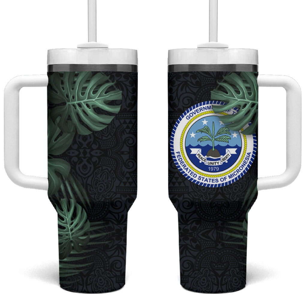 Federated States Of Micronesia Tumbler With Handle FSM Tropical Monstera Leaf Dark Tribal Pattern