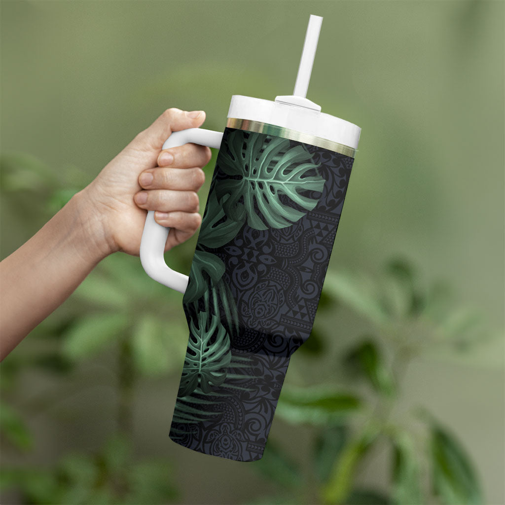 Federated States Of Micronesia Tumbler With Handle FSM Tropical Monstera Leaf Dark Tribal Pattern