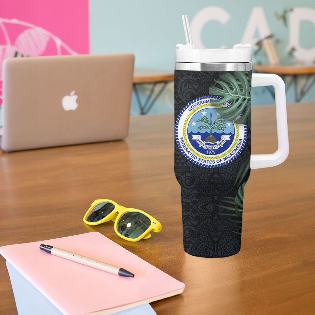 Federated States Of Micronesia Tumbler With Handle FSM Tropical Monstera Leaf Dark Tribal Pattern