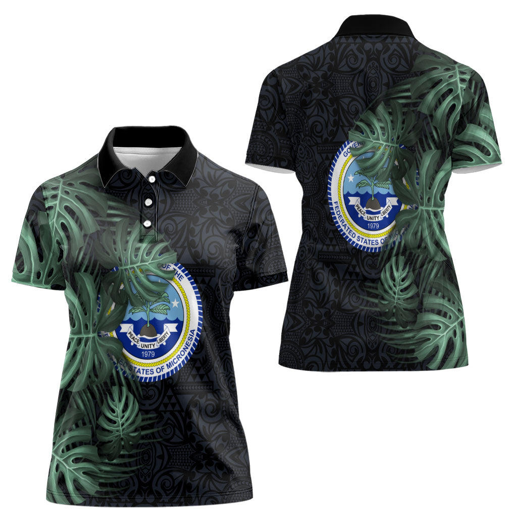 Federated States Of Micronesia Women Polo Shirt FSM Tropical Monstera Leaf Dark Tribal Pattern
