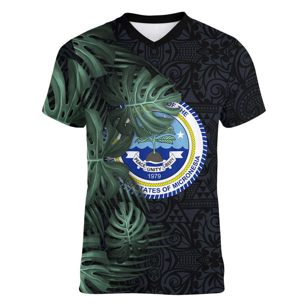 Federated States Of Micronesia Women V-Neck T-Shirt FSM Tropical Monstera Leaf Dark Tribal Pattern