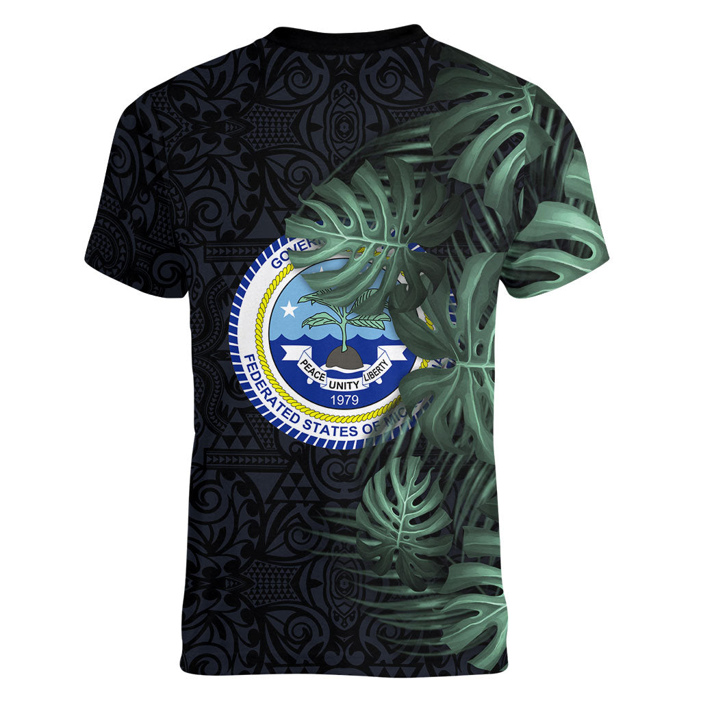 Federated States Of Micronesia Women V-Neck T-Shirt FSM Tropical Monstera Leaf Dark Tribal Pattern
