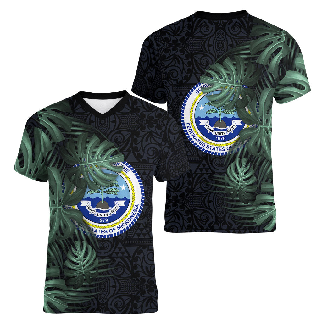 Federated States Of Micronesia Women V-Neck T-Shirt FSM Tropical Monstera Leaf Dark Tribal Pattern