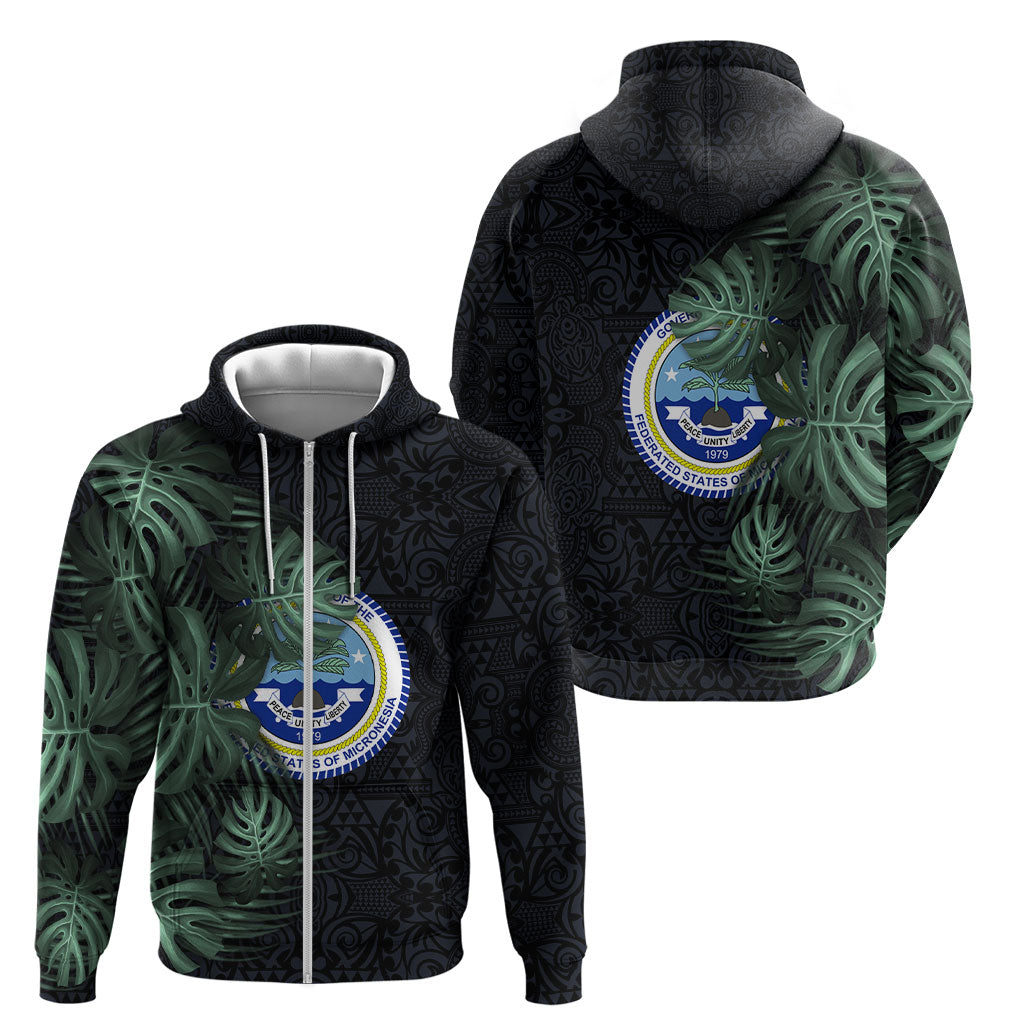 Federated States Of Micronesia Zip Hoodie FSM Tropical Monstera Leaf Dark Tribal Pattern