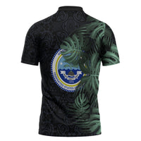 Federated States Of Micronesia Zipper Polo Shirt FSM Tropical Monstera Leaf Dark Tribal Pattern