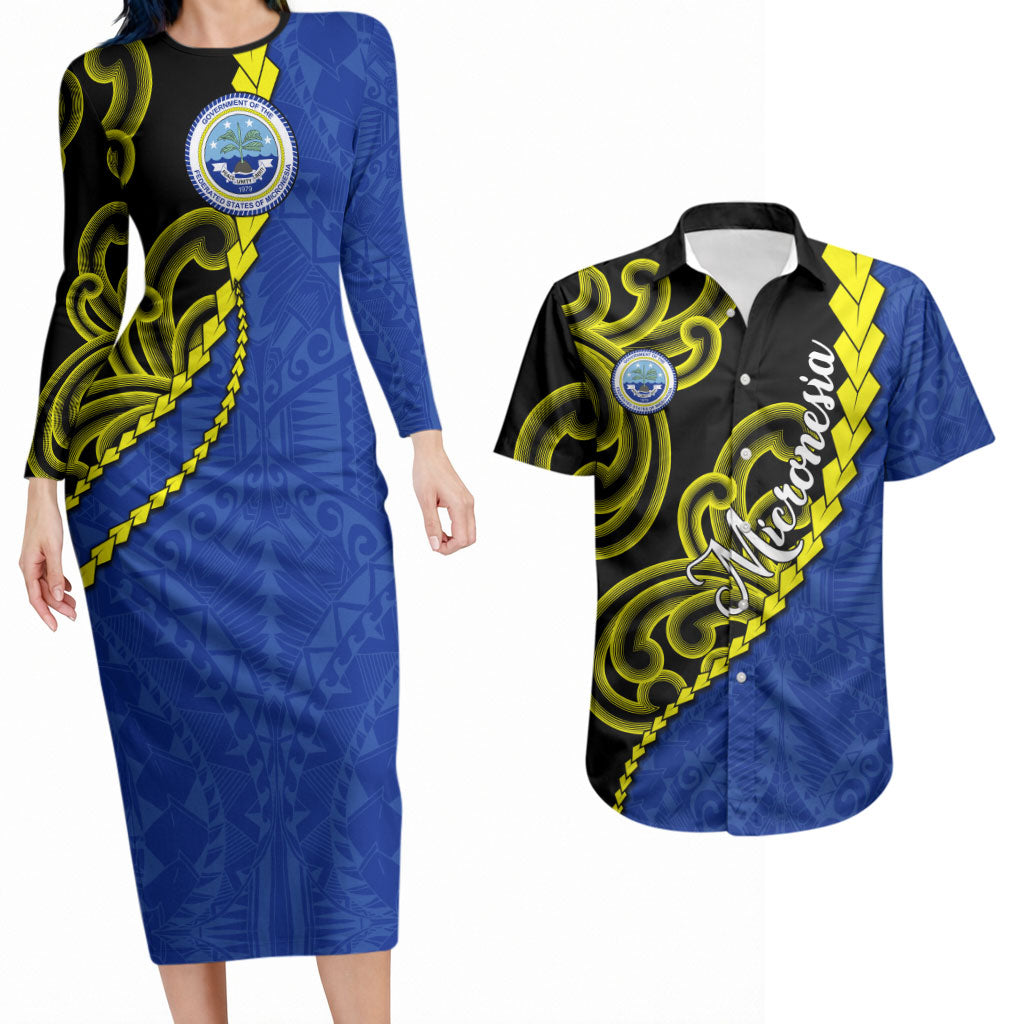 Federated States Of Micronesia FSM Couples Matching Long Sleeve Bodycon Dress and Hawaiian Shirt Pacific Islander Tribal Swirl Geometric Pattern
